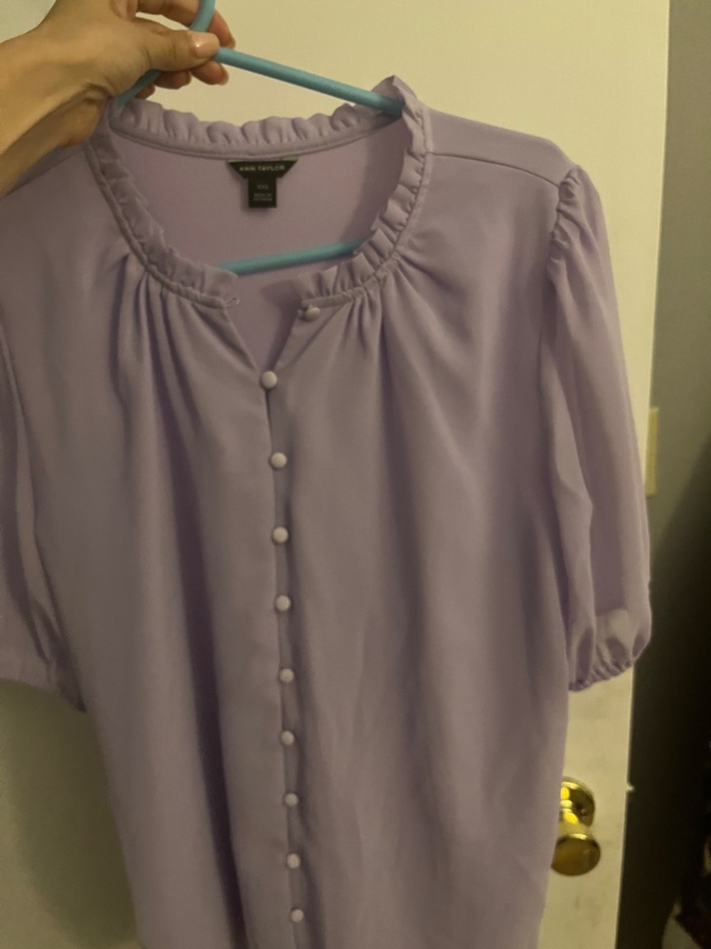 Ann Taylor Lavender Ruffle-Neck Button-Front Blouse, elbow length sleeves